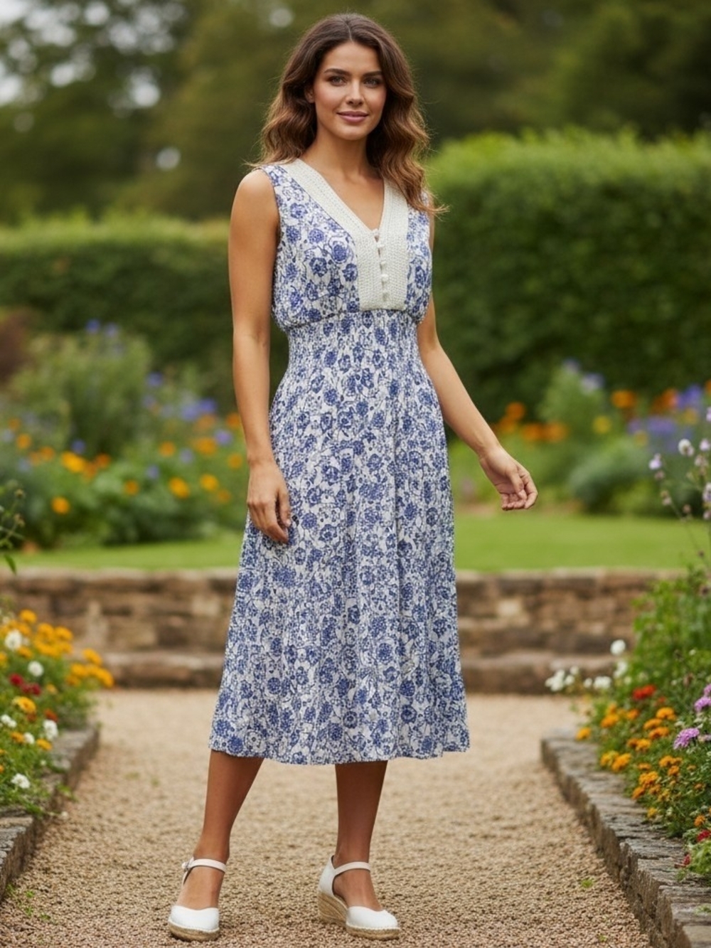 J. Gee Blue Floral Sleeveless Maxi Dress Smocked Waist Crochet Trim Size PL